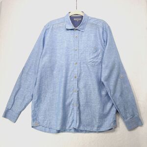 Ted Baker Shirt Men 6 / US XXL Blue Linen Cotton Blend Flip Cuff Office Everyday